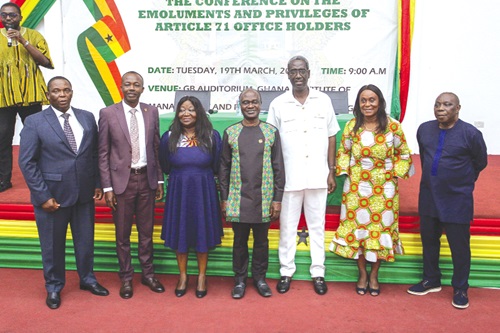 Dr Janet Ampadu-Fofie (2nd from right), Chairperson of the Presidential Committee on Emoluments, Nana Agyekum Dwamena (3rd from right), former Head of Civil Service, and Prof. George Gyan-Baffour (middle), Chairman of the National Development Planning Commission, with stakeholders and colleagues after seeking views, expectations and advice from relevant institutions and beneficiaries about emoluments and privileges of Article 71 office holders. Picture: CALEB VANDERPUYE