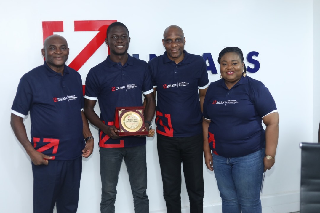 Left to Right: Henry Chukwuma Okolo, Chief Executive Officer, Inlaks; Muhammed Isah Abdulmalik, Graduate Trainee, Inlaks; Kehinde Ogunmoyede, Head, Technical Operations for Financial Business, East Africa, Inlaks; Adetokunbo Ayo-Ogunsanya, Group Head, Human Resources & Admin; Inlaks.