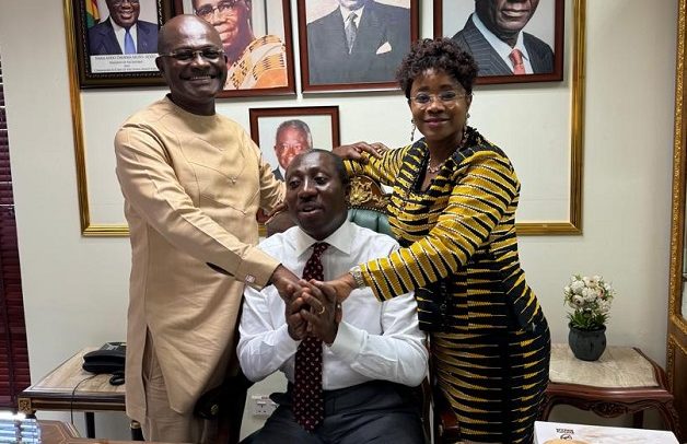 R-L: Cynthia Morrison with Majority Leader Alexander Afenyo-Markin and Kennedy Agyapong after parliamentary proceedings yesterday